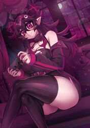  absurdres ass black_hair black_legwear breasts choker controller couch crossed_legs curvy double_bun elizabeth_von_mountbatten_(osiimi) fang_out female game_console goth_fashion hair_bun highres huge_breasts indie_virtual_youtuber indoors jacket long_hair looking_at_viewer moonlight night night_sky oerba_yun_fang off_shoulder osiimi pale_skin pointy_ears ribbed_legwear sitting sky thick_thighs thighhighs thighs vampire virtual_youtuber window 