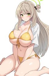  absurdres bikini blue_archive blush breasts cleavage closed_mouth commentary female green_eyes halo highres huge_breasts long_hair metsu_end navel nonomi_(blue_archive) nonomi_(swimsuit)_(blue_archive) one_side_up shirt sitting skindentation smile solo stomach swimsuit thighs very_long_hair wariza white_shirt yellow_bikini 