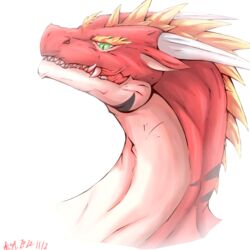  1:1 dragon enzo european_mythology fangs green_eyes horn long_neck male mythological_creature mythological_scalie mythology pupils red_body scalie shengguang simple_background slit_pupils solo teeth western_dragon white_background 