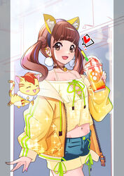  animal_ears bell brown_eyes brown_hair cat_ears collar commentary cup denim denim_shorts disposable_cup earrings female food hair_ornament healin&#039;_good_precure highres hiramitsu_hinata ice_cream jacket jewelry jingle_bell long_hair long_sleeves looking_at_viewer midriff milkshake navel neck_bell nyatoran_(precure) open_clothes open_jacket open_mouth precure rumo short_shorts shorts smile solo sundae symbol-only_commentary twintails whipped_cream 