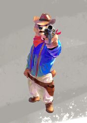  bandana bear belt blue_clothing blue_shirt blue_topwear bottomwear brown_belt brown_clothing brown_footwear brown_shoes clothing cowboy cowboy_hat footwear fur grey_background gun handgun hat headgear headwear hi_res holster kerchief looking_at_viewer male mammal neckerchief pants pistol racoonwolf ranged_weapon red_bandanna red_kerchief shirt shoes simple_background solo topwear weapon white_body white_bottomwear white_clothing white_fur white_pants 