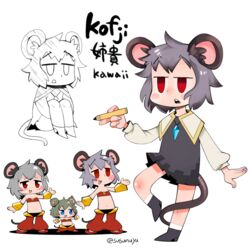  3girls animal_ears bandeau blue_eyes blush bracer commentary_request cookie_(touhou) cosplay crystal dress fake_nyon_(cookie) flat_chest full_body grey_dress grey_hair holding holding_pencil jewelry kofji_(cookie) kohakagutibi mouse_ears mouse_girl mouse_tail multiple_girls nazrin nyon_(cookie) open_mouth pants pencil pendant red_bandeau red_eyes red_pants shantae shantae_(cosplay) shantae_(series) short_hair simple_background smile standing tail touhou white_background 