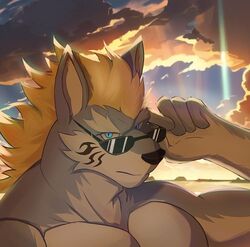  anthro biceps blonde_hair blue_body blue_eyes blue_fur bluealier canid canine canis cloud eyewear facial_tattoo fenrir_(tas) fur hair lifewonders low_res male mammal muscular muscular_anthro muscular_male pecs shirtless shirtless_anthro shirtless_male solo sunglasses sunset tattoo tokyo_afterschool_summoners wolf 