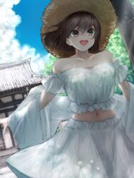  absurdres bad_id bad_pixiv_id bare_shoulders blue_sky blush brown_eyes brown_hair catumi_(ta938_ka23) cloud collarbone day female hat highres midriff navel open_mouth original outdoors short_hair short_sleeves skirt sky solo straw_hat summer temple white_skirt 