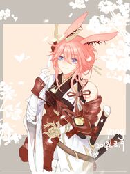  2018 alternate_eye_color animal_ears armor artist_name blue_hair border closed_mouth female fingerless_gloves fox_ears gauntlets gloves grey_border hair_bun hair_ornament honkai_(series) honkai_impact_3rd japanese_armor japanese_clothes katana looking_at_viewer petals pink_eyes single_gauntlet single_hair_bun smile solo sword weapon white_gloves yae_sakura yae_sakura_(flame_sakitama) yasuyou 