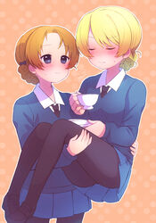  2girls artist_name black_footwear black_necktie black_pantyhose blonde_hair blue_eyes blue_skirt blue_sweater blush bow braid carrying closed_eyes closed_mouth commentary cup darjeeling_(girls_und_panzer) dress_shirt girls_und_panzer hairbow holding holding_cup holding_saucer itsumip legs loafers long_sleeves looking_at_another miniskirt multiple_girls necktie orange_background orange_hair orange_pekoe_(girls_und_panzer) outline pantyhose parted_bangs pleated_skirt princess_carry saucer school_uniform shirt shoes short_hair skirt smile st._gloriana&#039;s_school_uniform standing sweatdrop sweater teacup thighs v-neck white_outline white_shirt wing_collar yuri 