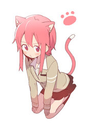  animal_ears black_skirt bural_chingu cardigan cat_ears cat_girl cat_tail commentary female full_body highres korean_commentary lee_ji-eun looking_at_viewer luke_(dydansgur) paw_print pink_hair pleated_skirt short_hair_with_long_locks sidelocks simple_background skirt solo tail white_background 