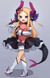  :d abigail_williams_(fate) bare_shoulders black_dress blonde_hair blue_eyes blush breasts circle_skirt cosplay curled_horns dragon_girl dragon_horns dress elizabeth_bathory_(fate) elizabeth_bathory_(fate/extra_ccc) elizabeth_bathory_(fate/extra_ccc)_(cosplay) elizabeth_bathory_(first_ascension)_(fate) elizabeth_bathory_(first_ascension)_(fate)_(cosplay) fate/grand_order fate_(series) female forehead full_body hair_ribbon highres horns layered_skirt long_hair looking_at_viewer miya_(miyaruta) parted_bangs pinky_out ribbon skirt small_breasts smile solo stuffed_animal stuffed_toy tail teddy_bear thighs two_side_up white_skirt 