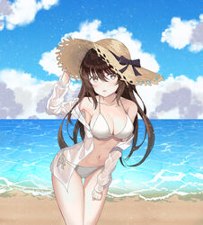  absurdres ass_visible_through_thighs bare_shoulders beach bikini black_bow blue_sky bow breasts brown_eyes brown_hair cleavage cloud commentary day eyebrows_visible_through_hat female hair_between_eyes hand_on_headwear hat highres leaning_forward long_hair long_sleeves medium_breasts muyang navel ocean open_mouth original outdoors see-through side-tie_bikini_bottom sky solo straw_hat string_bikini swimsuit thigh_gap white_bikini 