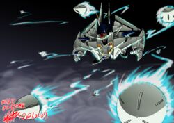  commentary_request dark_background dated flying funnels_(gundam) glowing glowing_eyes green_eyes gundam gundam_hathaway&#039;s_flash mecha missile mobile_suit no_humans robot science_fiction signature smoke solo v-fin weapon xi_gundam zzz_sakaz 