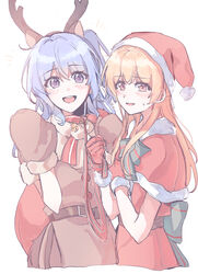  2girls animal_costume bang_dream! blonde_hair blue_hair blush christmas gloves hair_ribbon half_updo hat highres kyudoli light_blue_hair long_hair matsubara_kanon multiple_girls one_side_up open_mouth purple_eyes red_eyes reindeer_costume ribbon santa_costume santa_hat shirasagi_chisato 