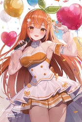  absurdres balloon blunt_bangs blush breasts cleavage commentary_request detached_sleeves female food-themed_hair_ornament gradient_background green_hairband green_ribbons grey_background haco_entertainment hair_ornament hair_ribbon hairband hand_up haneiro happy_birthday heart_balloon highres holding holding_microphone idol long_hair looking_at_viewer medium_breasts microphone nail_polish open_mouth orange_eyes orange_hair ribbon see-through see-through_sleeves skirt solo standing tachibana_shiena thighs virtual_youtuber white_background white_skirt white_sleeves 