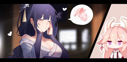  2girls artist_name blurry blurry_background blush breasts chibi cleavage closed_eyes closed_mouth depth_of_field genshin_impact hair_between_eyes hands_on_own_face hands_up heart highres japanese_clothes kimono letterboxed long_hair medium_breasts mole mole_under_eye multiple_girls off_shoulder outline pink_hair purple_eyes purple_hair purple_kimono raiden_shogun shimmer shirt signature sleeveless sleeveless_shirt smile sweatdrop very_long_hair white_outline white_shirt yae_miko yae_miko_(fox) 