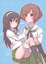  2girls akiyama_yukari artist_name black_hair black_legwear black_neckerchief black_socks blouse blue_background blush brown_eyes brown_footwear brown_hair carrying closed_mouth commentary girls_und_panzer green_skirt hairband itsumip loafers long_hair long_sleeves looking_at_another looking_to_the_side messy_hair miniskirt multiple_girls neckerchief ooarai_school_uniform outline parted_lips pleated_skirt princess_carry reizei_mako sailor_collar school_uniform serafuku shirt shoes short_hair signature skirt smile snort socks standing sweatdrop white_hairband white_outline white_sailor_collar white_shirt 