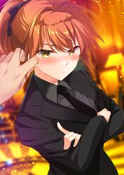  ahoge black_neckwear black_ribbon black_suit blush breasts business_suit closed_mouth crossed_arms fate/grand_order fate_(series) female formal fujimaru_ritsuka_(female) fujimaru_ritsuka_(female)_(royal_brand) hair_between_eyes hair_ribbon highres long_sleeves looking_at_viewer medium_breasts orange_hair out_of_frame photoshop_(medium) ponytail ribbon short_hair solo_focus suit tanabe yellow_eyes 