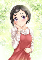  black_hair bracelet clothes_grab dress female hair_ornament hairclip hand_on_own_cheek hand_on_own_face highres idolmaster idolmaster_cinderella_girls jewelry looking_at_viewer matsuo_chizuru naharyou outdoors pinafore_dress purple_eyes red_dress shirt short_hair simple_background sleeveless sleeveless_dress standing white_shirt 