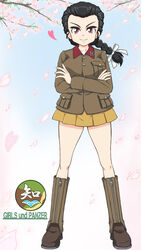  black_hair boots braid braided_ponytail brown_footwear brown_jacket cherry_blossoms chi-hatan_(emblem) chi-hatan_military_uniform closed_mouth commentary copyright_name crossed_arms day emblem enoya-eno female full_body girls_und_panzer hair_pulled_back hair_ribbon highres jacket knee_boots long_hair long_sleeves looking_at_viewer military military_uniform miniskirt outdoors petals pleated_skirt purple_eyes ribbon single_braid skirt smile solo tamada_tamaki tree uniform white_ribbon wind yellow_skirt zipper 