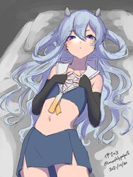  blue_eyes blue_hair blue_skirt commentary_request cowboy_shot crop_top elbow_gloves fake_horns female fingerless_gloves flat_chest futon gloves gradient_neckerchief hand_on_own_chest headgear highres horned_headwear horns i-203_(kancolle) kantai_collection light_blue_hair long_hair lying midriff neckerchief one-hour_drawing_challenge pencil_skirt sailor_collar sidelocks skirt sleeveless solo umibudou white_neckerchief white_sailor_collar 