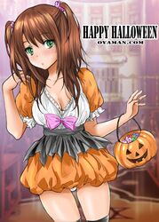  black_thighhighs blurry blurry_background blush bow breasts brown_hair candy closed_mouth commentary cowboy_shot depth_of_field dress english_text female food frilled_sleeves frills green_eyes hair_ribbon halloween halloween_bucket halloween_costume hand_in_own_hair happy_halloween holding light_frown looking_at_viewer medium_breasts medium_hair microdress orange_dress original oyaman panties pantyshot parted_lips purple_bow purple_ribbon ribbon short_sleeves solo standing thighhighs two_side_up underwear web_address white_panties 