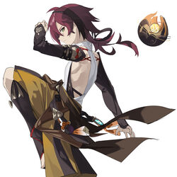  1boy absurdres arm_up bare_shoulders black_gloves black_hairband brown_hair brown_pants chinese_commentary closed_mouth commentary fingerless_gloves from_side genshin_impact gloves green_eyes hair_between_eyes hairband highres long_hair male_focus pants profile qtian red_hair shikanoin_heizou shirt simple_background sleeveless sleeveless_shirt solo standing standing_on_one_leg white_background white_shirt 