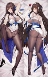  absurdres arm_up armband ass bad_id bad_pixiv_id bed_sheet between_fingers black_footwear blue_choker blue_ribbon blush bodystocking braid braided_bun breasts brown_hair brown_pantyhose cameltoe chinese_commentary choker closed_mouth clothing_aside condom condom_wrapper crotch_seam daiyan_(neural_cloud) dakimakura_(medium) dress durex earrings feet female floral_print flower framed_breasts from_above full_body girls&#039;_frontline girls&#039;_frontline_neural_cloud gloves hair_bun hair_flower hair_ornament hair_ribbon hairband half_gloves hand_on_own_ass high_heels highres holding holding_condom jewelry knee_up lace lace_panties large_breasts legs lips long_hair looking_at_viewer lying multiple_views no_shoes on_back on_stomach orange_eyes panties panties_under_pantyhose pantyhose pelvic_curtain pelvic_curtain_aside ribbon see-through see-through_sleeves shoes single_shoe smile soles spread_legs straight_hair tiankong_pie_ai toes two-sided_fabric type_95_(girls&#039;_frontline) underwear unworn_shoes white_dress white_gloves white_hairband white_panties 