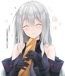  :t ^_^ arknights baguette bare_shoulders black_gloves blush bread closed_eyes commentary eating facing_viewer female food gloves grey_hair grey_necktie hair_between_eyes highres holding holding_food keenh long_hair necktie no_headwear simple_background skadi_(arknights) smile solo translated upper_body white_background 