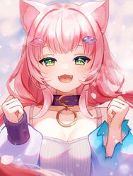  absurdres animal_ear_fluff animal_ears breasts cat_ears cat_girl choker cleavage clenched_hands fangs female green_eyes gyuentec highres low_twintails multicolored_hair nijisanji nijisanji_kr open_mouth pink_hair purple_choker smile solo streaked_hair twintails virtual_youtuber white_hair yang_nari yang_nari_(2nd_costume) 