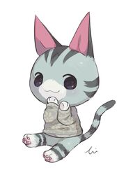  :3 animal_crossing artist_name bad_id bad_pixiv_id barefoot black_eyes blush bottomless cat_girl closed_mouth commentary female flat_chest full_body furry furry_female grey_sweater hands_up happy hideko_(l33l3b) highres light_blush lolly_(animal_crossing) long_sleeves looking_at_viewer pawpads signature simple_background sitting smile solo sweater white_background 