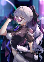  absurdres adjusting_eyewear asymmetrical_gloves black_gloves black_ribbon blurry blurry_background breasts bronya_zaychik bronya_zaychik_(heart_of_the_night)_(honkai_impact) bronya_zaychik_(silverwing:_n-ex) chinese_commentary cityscape clothing_cutout clothing_request commentary_request drill_hair earrings eyelashes female fur_trim gloves grey_eyes grey_hair hair_ribbon half_gloves highres honkai_(series) honkai_impact_3rd jewelry large_breasts looking_at_viewer looking_over_eyewear mismatched_gloves official_alternate_costume outdoors ponytail purple-tinted_eyewear ribbon ringlets serious single_half_glove solo stomach_cutout sunglasses tinted_eyewear upper_body zomzomzomsauce 