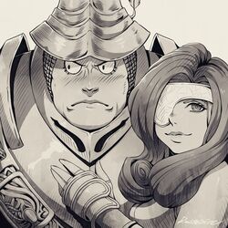  1boy adelbert_steiner armor beatrix_(ff9) blush curly_hair eyelashes eyepatch female final_fantasy final_fantasy_ix frown greyscale hand_on_another&#039;s_chest helmet looking_at_viewer looking_to_the_side monochrome rousteinire smile upper_body 