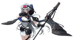  arknights bead_bracelet beads black_cape black_gloves blue_eyes bracelet breasts cape cleavage cowboy_shot dress female gloves goggles goggles_on_head hair_between_eyes hand_up highres holding holding_staff hood hooded_cape jewelry long_hair looking_at_viewer mulberry_(arknights) nekoreito pouch simple_background small_breasts solo staff thighs white_background white_dress 