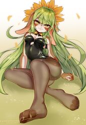  4_toes anthro breasts claws cleavage clothed clothing coffeechicken digital_media_(artwork) feet female green_hair hair hi_res lagomorph legwear leporid looking_at_viewer mammal paws rabbit shaded soles solo stockings tagme toes 