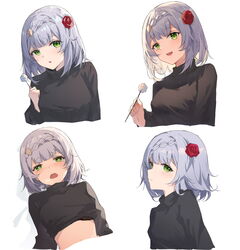  :d absurdres black_sweater blush braid closed_mouth clothes_lift commentary female flower genshin_impact green_eyes grey_hair hair_flower hair_ornament heart heart-shaped_pupils highres holding medium_hair mimikaki multiple_views noelle_(genshin_impact) open_mouth parted_lips red_flower red_rose rose simple_background smile sweater sweater_lift symbol-shaped_pupils upper_body white_background yajuu 