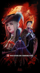  1boy 2girls black_headwear blonde_hair blood blood_on_clothes bloodborne coat commentary cyan-orange-studio english_commentary flower gehrman_the_first_hunter green_eyes hat lady_maria_of_the_astral_clocktower multiple_girls plain_doll scythe white_hair 