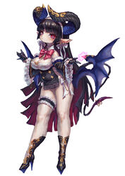  bare_shoulders black_footwear black_gloves black_hair blunt_bangs blush bow bowtie closed_mouth demon_girl demon_horns demon_tail demon_wings detached_sleeves earrings female frilled_legwear frills gloves half_gloves high_heels highres horns jewelry jonpei long_hair mole mole_under_eye multicolored_hair original red_eyes red_hair simple_background solo sparkle standing striped_bow striped_bowtie striped_clothes tail thigh_strap white_background wide_sleeves wings 