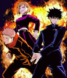  2boys asymmetrical_bangs belt black_hair blue_eyes blue_pants blue_shirt bob_cut breasts buttons chiru_(sanifani) clenched_hand facial_mark female fighting_stance fire fushiguro_megumi hair_between_eyes high_collar itadori_yuuji jujutsu_kaisen kugisaki_nobara medium_breasts multicolored_hair multiple_boys open_mouth orange_hair orange_pants orange_shirt own_hands_together pants parted_lips pink_eyes pink_hair purple_shirt purple_skirt red_eyes ryoumen_sukuna_(jujutsu_kaisen) shirt short_hair skirt smile spiked_hair two-tone_hair uniform upper_body 