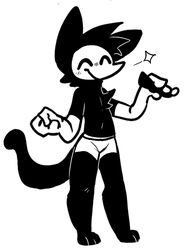  anthro black_body black_fur black_tail blush bottomwear chest_tuft clothing dogguyd fur gloves handwear hi_res holding_object male monochrome navel paws solo tail tuft underwear unknown_species white_clothing white_face 