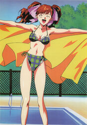  1990s_(style) asahina_yurina bikini breasts closed_eyes covered_nipples day facing_viewer feet_out_of_frame female hair_ribbon halterneck highres holding holding_towel long_hair medium_breasts navel non-web_source official_art open_mouth outdoors outstretched_arms plaid plaid_bikini pool pool_ladder red_hair retro_artstyle ribbon scan solo spread_arms standing super_real_mahjong swimsuit tanaka_ryou towel twintails 