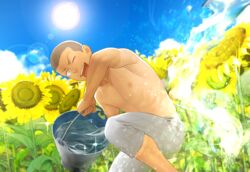  1boy bucket bucket_of_water buzz_cut commentary connie_springer day field flower flower_field holding holding_bucket itto_(mentaiko) looking_at_viewer male_focus one_eye_closed pants shaved_head shingeki_no_kyojin short_hair smile summer sun sunflower sunflower_field sweatpants toned toned_male topless_male very_short_hair yellow_eyes 