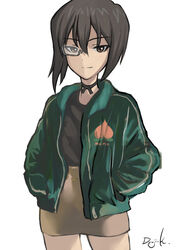  artist_name black-framed_eyewear black_choker black_eyes black_hair black_jacket black_shirt bob_cut casual character_name choker closed_mouth commentary cowboy_shot female girls_und_panzer grey_skirt hands_in_pockets highres jacket kawashima_momo kuroneko_douji looking_at_viewer miniskirt monocle one-hour_drawing_challenge open_clothes open_jacket peach_print pencil_skirt ribbon_choker romaji_text semi-rimless_eyewear shirt short_hair signature simple_background skirt smile solo standing under-rim_eyewear white_background 