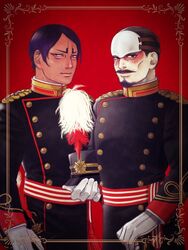  2boys beard black_eyes black_hair cheekbones dark-skinned_male dark_skin facial_hair forehead_protector gloves goatee golden_kamuy hair_slicked_back hat koito_otonoshin long_sleeves male_focus military military_hat military_uniform moustache multiple_boys red_background scar short_hair standing thick_eyebrows tsurumi_tokushirou uniform unworn_hat unworn_headwear upper_body white_gloves yp8cs 