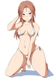  bikini blush breasts breasts_apart closed_mouth collarbone female full_body long_hair looking_at_viewer medium_breasts minna-dietlinde_wilcke navel red_eyes red_hair sankakukin_gear shiny_skin side-tie_bikini_bottom simple_background smile solo strike_witches swimsuit white_background white_bikini world_witches_series 