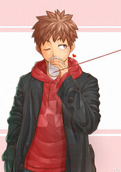  04sora40 1boy absurdres bara brown_eyes brown_hair buttons coat commentary cup hand_in_pocket heart highres holding holding_cup hood hoodie layered_clothes looking_to_the_side male_focus one_eye_closed original solo string string_of_fate string_phone 