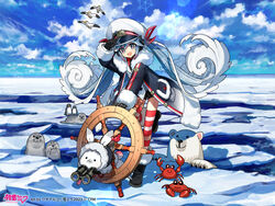  1other :3 animal arm_up bear binoculars bird black_gloves black_shirt black_shorts blue_eyes blue_hair character_name cloud cloudy_sky coat commentary crab crypton_future_media day female fur-trimmed_coat fur-trimmed_hood fur-trimmed_sleeves fur_trim gloves hair_ribbon hat hatsune_miku heart heart_in_eye holding holding_binoculars hood hood_up ice_floe jacket leaning_forward lens_flare light_blue_hair long_hair looking_at_viewer multicolored_hair necktie ocean official_art open_mouth outdoors peaked_cap penguin polar_bear rabbit rabbit_yukine red_hair red_legwear red_necktie red_ribbon ribbon seagull seal_(animal) ship&#039;s_wheel shirt shorts sky smile snowflake_print snowflakes standing striped_clothes striped_thighhighs symbol_in_eye thighhighs twintails v variant_set very_long_hair vocaloid wada_arco wavy_hair white_hair white_headwear white_jacket white_legwear winter yuki_miku yuki_miku_(2022) 