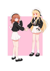  2girls absurdres alternate_hairstyle blonde_hair blue_eyes camcorder camera cardcaptor_sakura closed_mouth commentary cosplay crossover daidouji_tomoyo daidouji_tomoyo_(cosplay) fate_testarossa full_body hair_down hat highres holding holding_camera holding_hands kinomoto_sakura kinomoto_sakura_(cosplay) long_sleeves lyrical_nanoha mahou_shoujo_lyrical_nanoha multiple_girls parted_bangs pleated_skirt red_eyes sailor_collar school_uniform shy skirt smile socks takamachi_nanoha tomoeda_elementary_school_uniform video_camera white_skirt yer yuri 