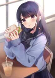  :t bad_id bad_pixiv_id bendy_straw black_bow black_hair black_sailor_collar black_skirt blue_sweater blurry blurry_background blush bow brown_eyes chair closed_mouth commentary_request cup depth_of_field desk disposable_cup drinking_straw eating female food highres holding holding_food long_hair long_sleeves looking_at_viewer minami_saki on_chair original pleated_skirt puffy_long_sleeves puffy_sleeves sailor_collar sandwich school_chair school_desk school_uniform serafuku sitting skirt sleeves_past_wrists solo sweater wavy_mouth window 