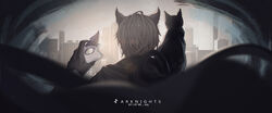  1boy animal_ears arknights backlighting black_gloves blurry blurry_foreground cape cat_boy cat_ears cat_tail christine_(arknights) cityscape feline gloves highres holding holding_mask izsly male_focus mask on_person phantom_(arknights) short_hair solo tail 