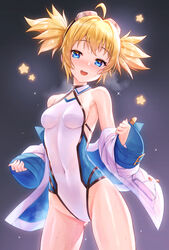  :d ahoge ass_visible_through_thighs bare_shoulders blonde_hair blue_eyes blue_jacket blush breasts commentary_request covered_navel eyewear_on_head female goggles goggles_on_head gradient_background granblue_fantasy grey_background highres jacket leotard long_sleeves looking_at_viewer nose_blush oerba_yun_fang off_shoulder open_mouth pengy_(granblue_fantasy) pinching_sleeves short_hair sleeves_past_wrists small_breasts smile solo standing star_(symbol) starry_background sweat tomo_(tmtm_mf_mf) twintails white_jacket white_leotard 