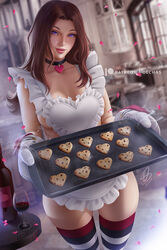  apron artist_name baking_sheet blurry blurry_background bottle breasts brown_hair choker collarbone cookie cup drinking_glass dutch_angle female final_fantasy final_fantasy_xiv food forehead frilled_apron frills heart heart_choker hyur lips long_hair medium_breasts naked_apron olchas oven_mitts patreon_logo patreon_username petals purple_eyes sideboob signature smile solo striped_clothes striped_thighhighs thighhighs valentine warrior_of_light_(ff14) wine_bottle wine_glass 