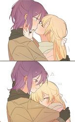  ... 2girls bad_id bad_pixiv_id bang_dream! blonde_hair blush closed_eyes closed_mouth commentary_request dated_commentary ear_blush embarrassed from_side highres kissing looking_at_another looking_away looking_to_the_side multiple_girls purple_hair seri_(vyrlw) seta_kaoru shirasagi_chisato yuri 